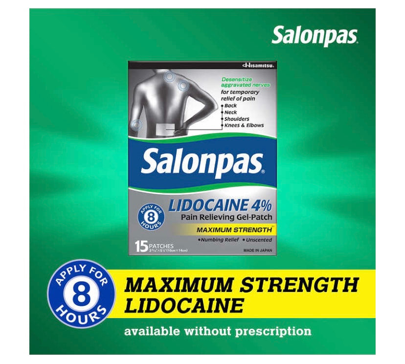 Salonpas LIDOCAINE 4% Pain Relieving Gel-Patch, 15 Patches