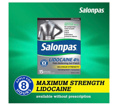 Salonpas LIDOCAINE 4% Pain Relieving Gel-Patch, 15 Patches